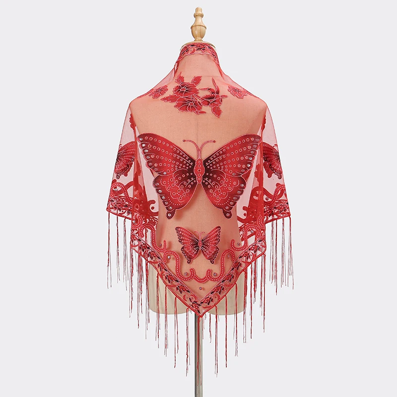 Printed Butterfly Lace Scarf Triangle Tassel Shawl Elegant Ladies Summer Solid Color Shiny Scarves Fashion Cape 150*65cm