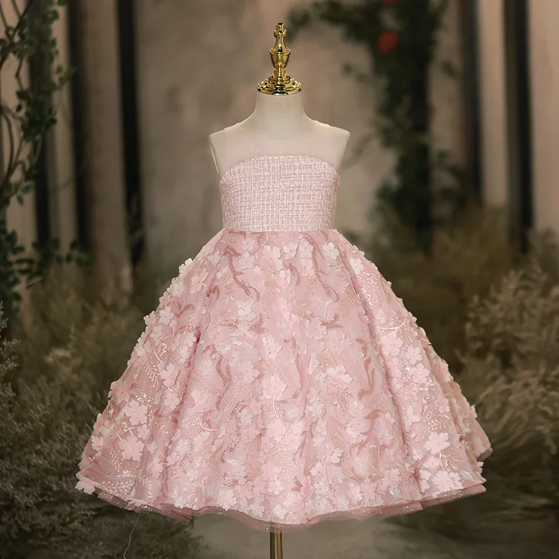 

2024 Pink Flower Sweet Dress Girl's Ceremonial Costumes Sleeveless Gala Dresses for Girls Solid Fancy Children Prom Vestidos ﻿