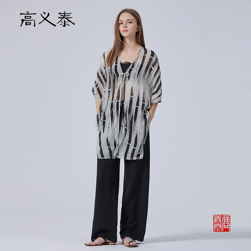 Gao Yitai soie imprimé georgette manches moyennes respirant soyeux lisse et doux à lacets couverture extérieureWYD096