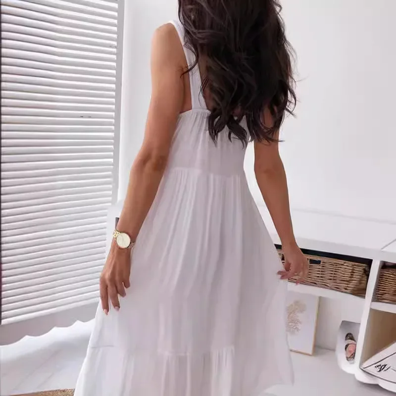 Abito da donna sexy con scollo a V senza schienale in pizzo bianco con giunture e cinturino per spaghetti Nuovo abito estivo Boho casual da spiaggia senza maniche