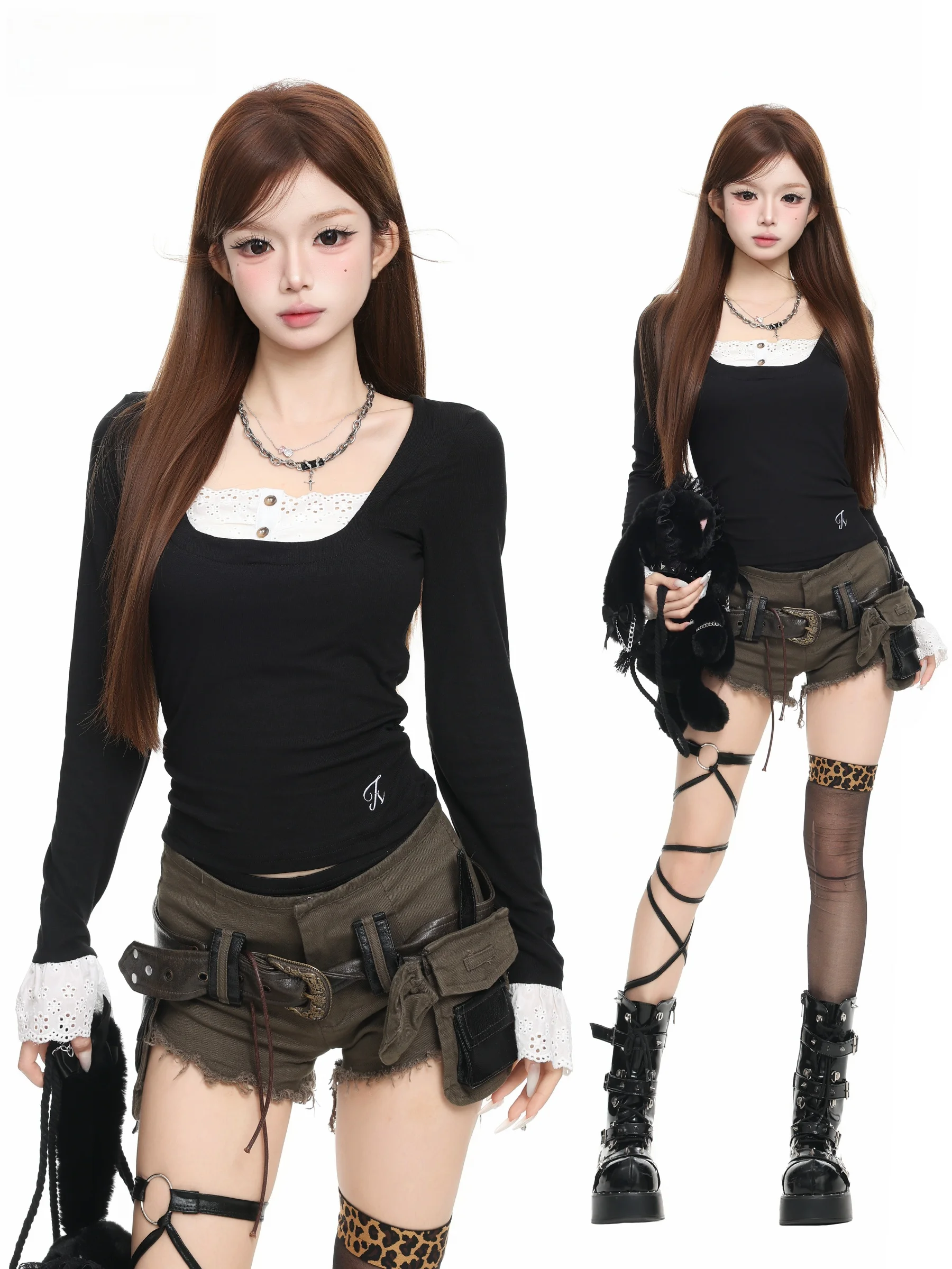 BASTERDS Korean Style Lace Splice Long Sleeve Short T-Shirt Women Slim Fit Autumn Hot Girl Top Fake Two-Piece Upper Body
