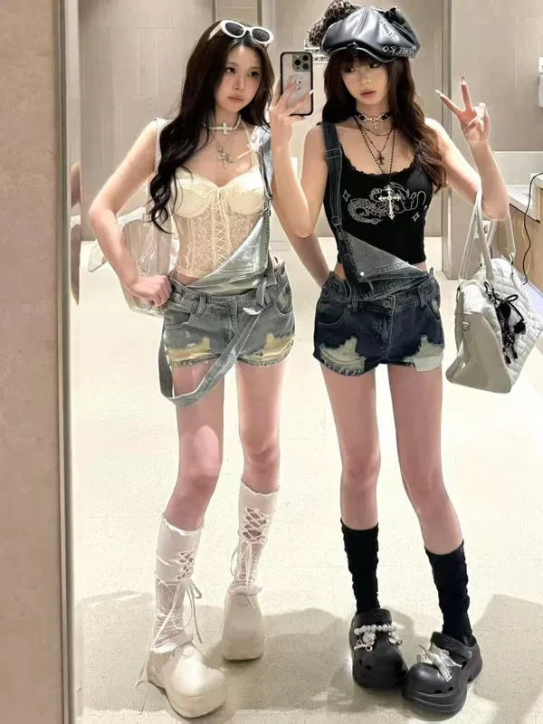 Amerykańskie retro, urocze, wyszczuplające dżinsowe szorty damskie, letnie modne spodnie z wysokim stanem, kombinezon z paskiem i wycięciami.