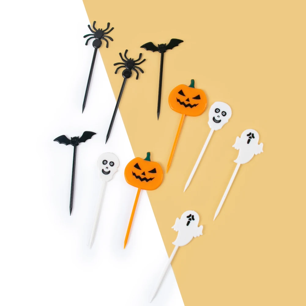 10/20pcs Plastic Halloween Toothpicks Halloween Cupcake Topper Ghost Bat Spider Fruit Toothpicks Halloween Party Decoration 2024