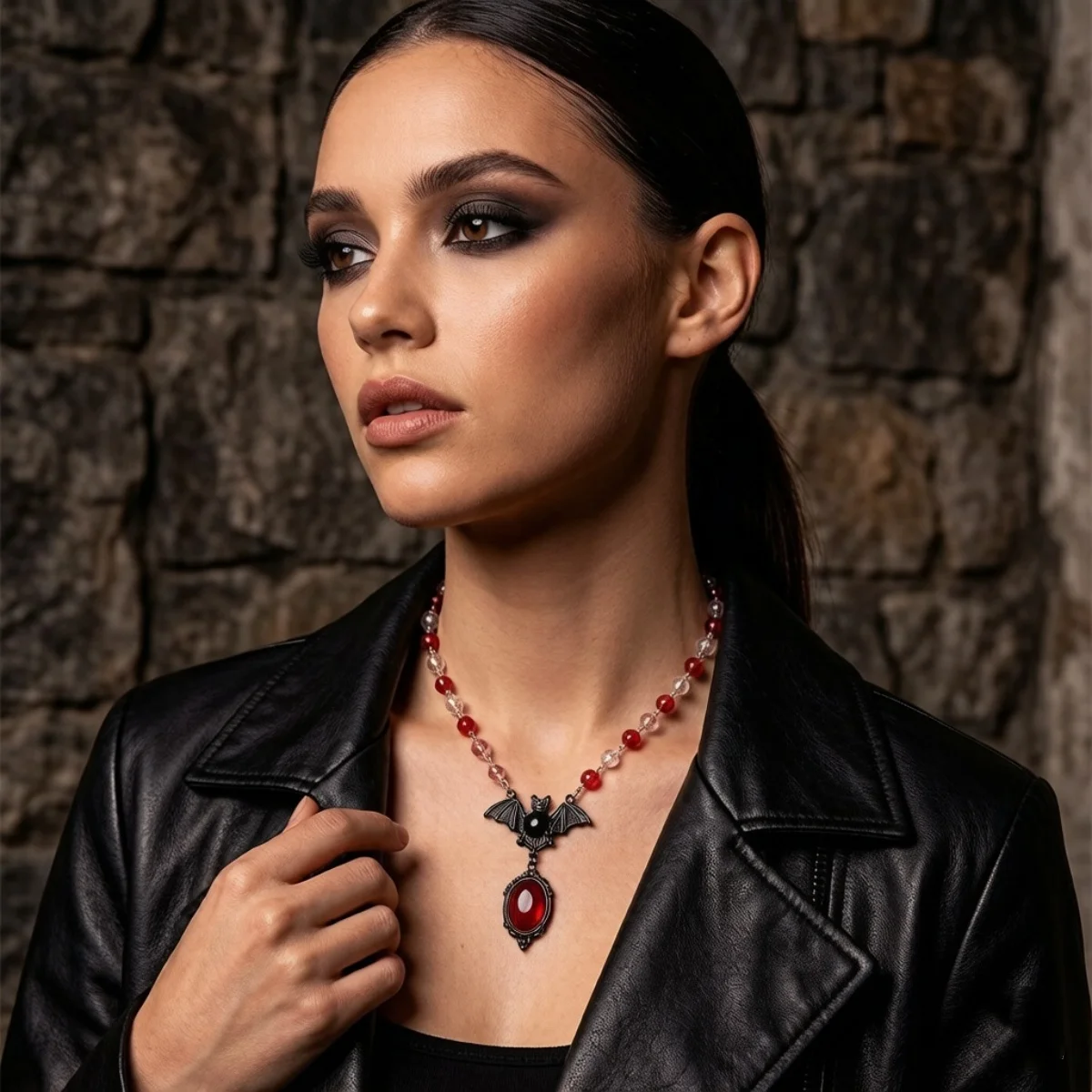 Kreative Gothic-Halskette mit rot-weißem Kristallperlen-Fledermaus-Anhänger für Damen und Herren, Halloween-Punk-Flugfledermaus-Choker, Cosplay-Party-Schmuck – Detail 8