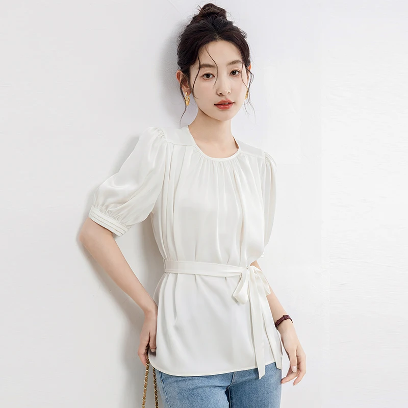 

Fashion Women Casual Blouses 2025 Short Puff Sleeve Elegant Round Neck Lace Up Satin Shirts Chic Folds Korean Style Sweet Tops
