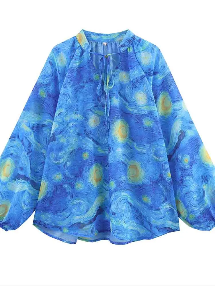 

European style new women's fashion versatile simple temperament starry sky print chiffon long-sleeved shirt