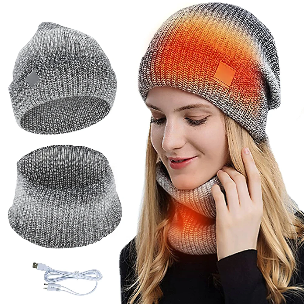 

USB Heated Beanie Hat Scarf Neck Warmer Set 2-in-1 Winter Warm Heating Cap Scarf for Running Skiing Cycling Gray