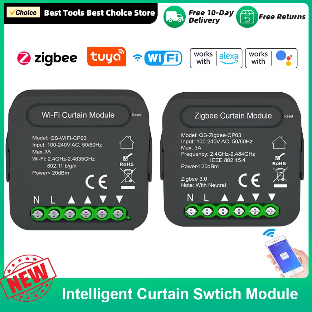 Tuya WiFi/ZigBee Curtain Switch Module Smart Curtain Controller Roller Shutter Blinds Motor APP Control with Google Home Alexa