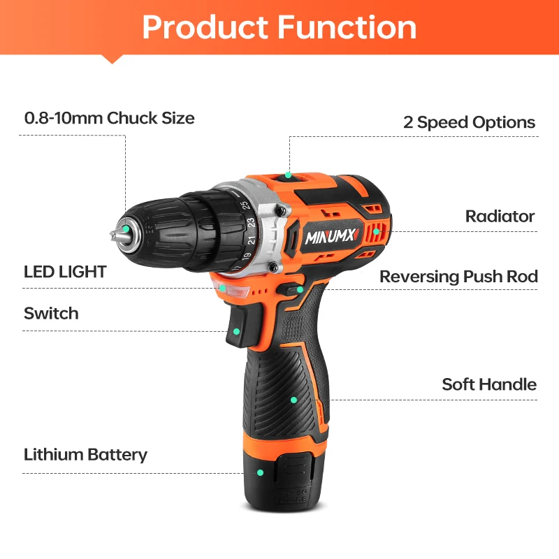 MINUMX 12V Electric Screwdriver 25 Plus 1 Settings Cordless Drill Two Gear Speed Mini Wireless Power Driver Battery Tools