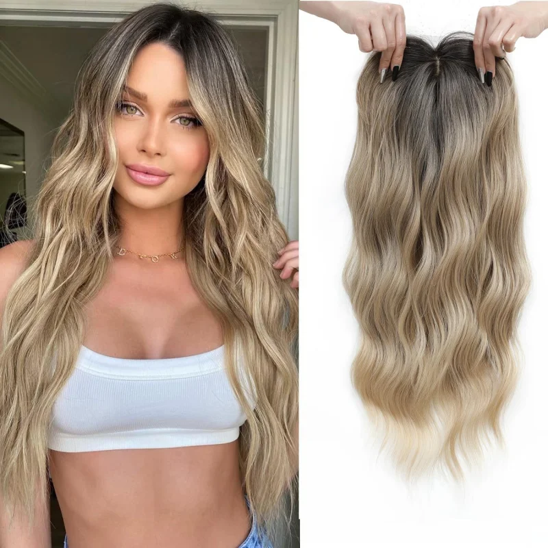 売れ筋の欧米風女性用ヘアピース、合成ロングカーリーヘア、グラデーションゴールデンカラー、自然な見た目です。