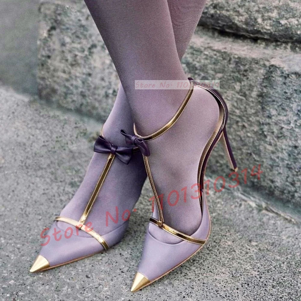 

Purple Metal Pointy High Heels Sandals Women Fashion Bowknot T-strap Stiletto Heels Lady Elegant Summer Stylish Gold Strap Shoes