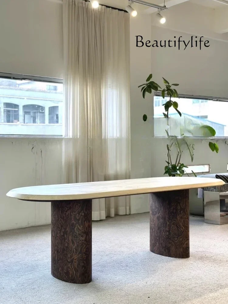 N36 Medieval style solid wood retro marble dining table art wabi  style household oval eating table