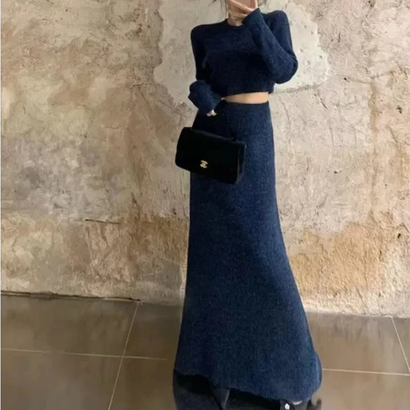 

Шикарный свитер с круглым вырезом, длинная юбка, женский комплект из двух предметов, осенне-зимний однотонный вязаный костюм с длинными рукавами, уличная одежда