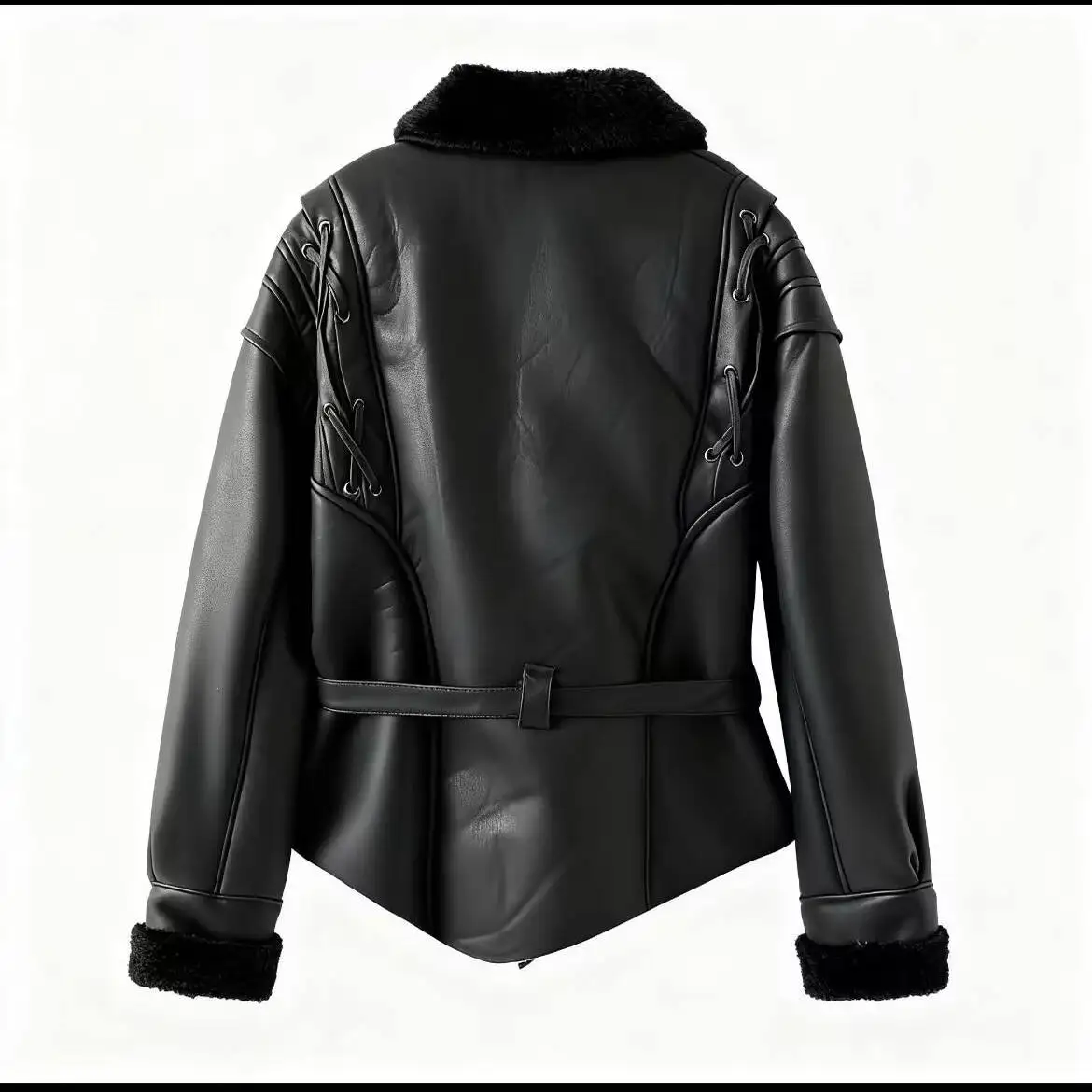 JNLEAOG feminino faion retro een colarinho all-match casaco de pele de couro com cinto de couro sintético longo sve busin terno