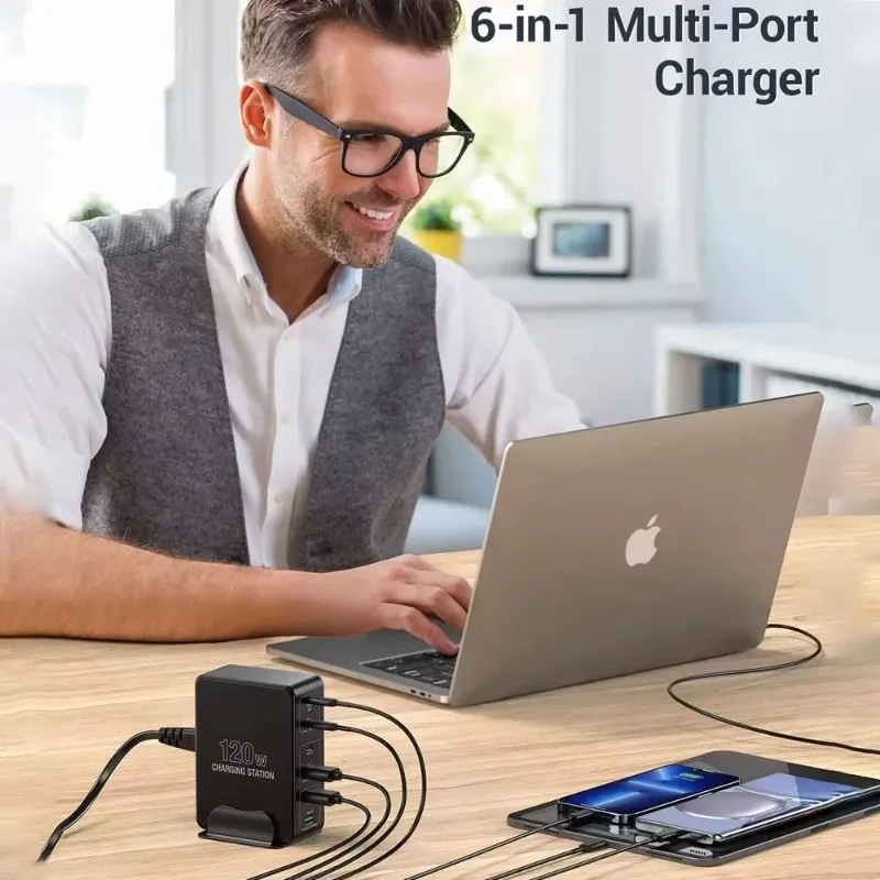 120W 6-Port Desktop Fast Charger Station PD QC3.0 USB C Charging Hub for Smartphone Laptop Tablet Home Office Daily Use