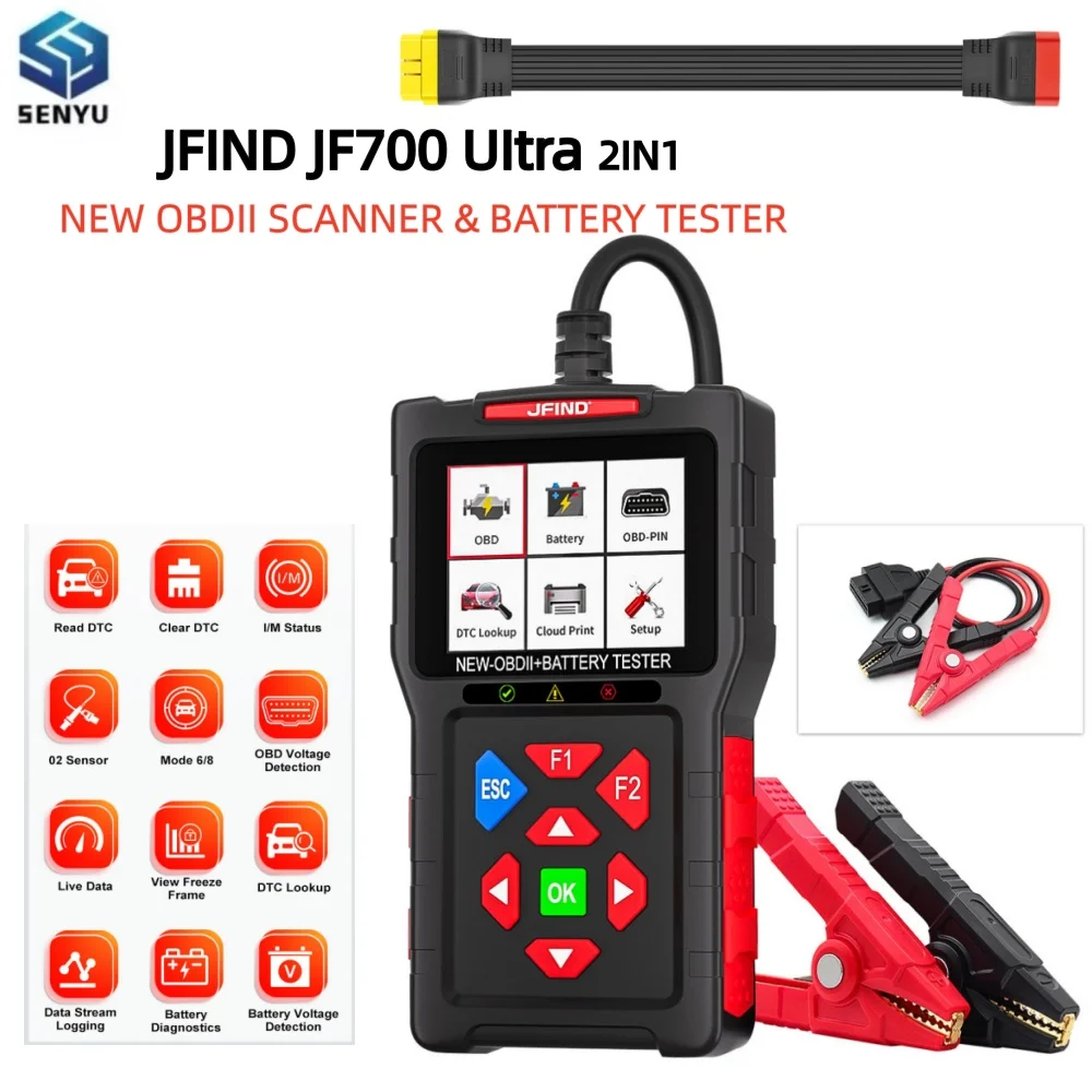 JFIND JF700 Ultra OBD2 Scanner Battery Health Test 2IN112V 24V Code Reader SOH Live Data for Car Motorcycle OBD Diagnostic Tool