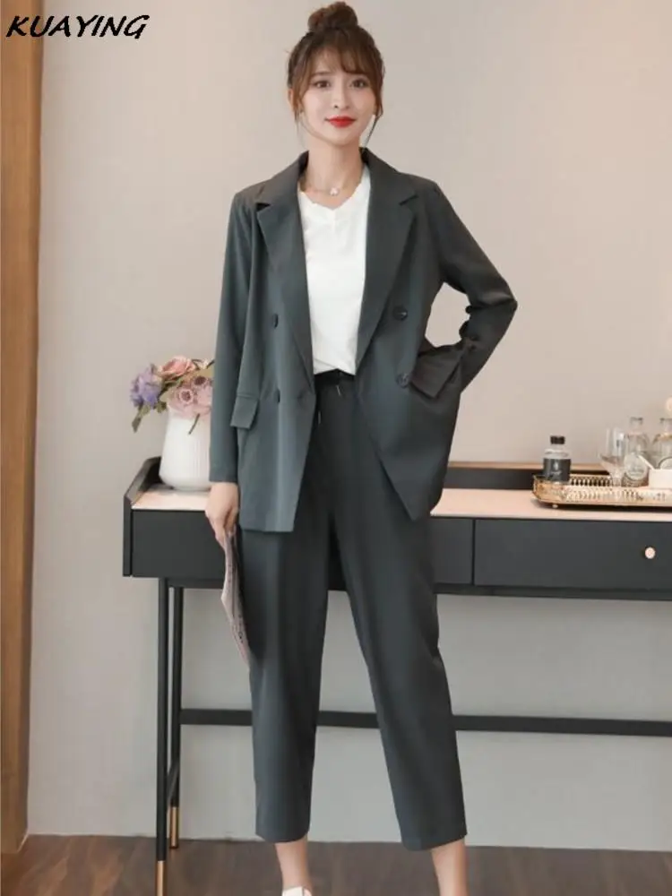 Women Elegant Blazer Slim Pencil Pantsuits Autumn Fashion Ankle-Length Solid Female Bussiness Work Clothes Two Piece Suit