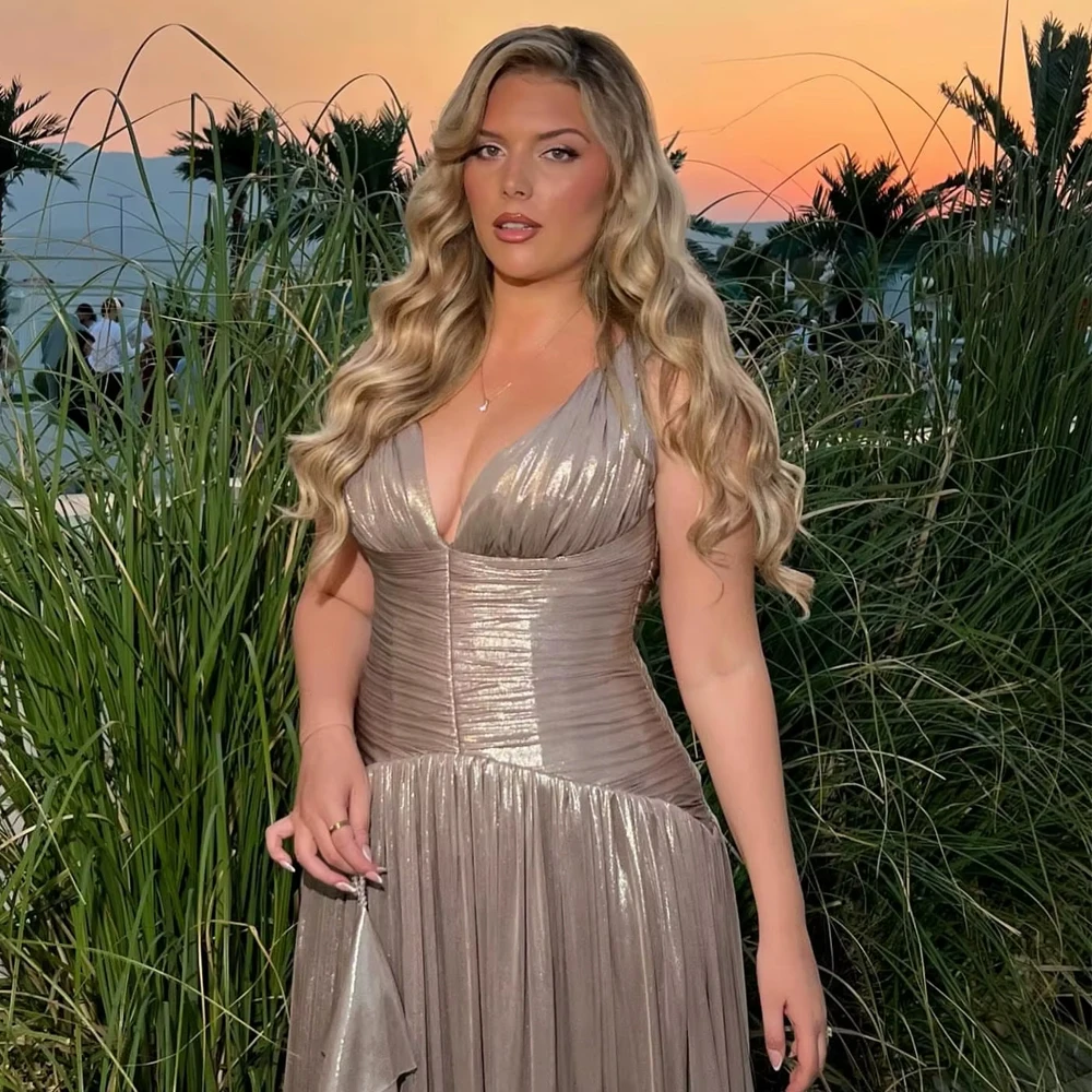 Customized Brown Shiny Evening Dress V Neck Sleeveless A Line Prom Gowns Women Elegant Prom Party Gowns