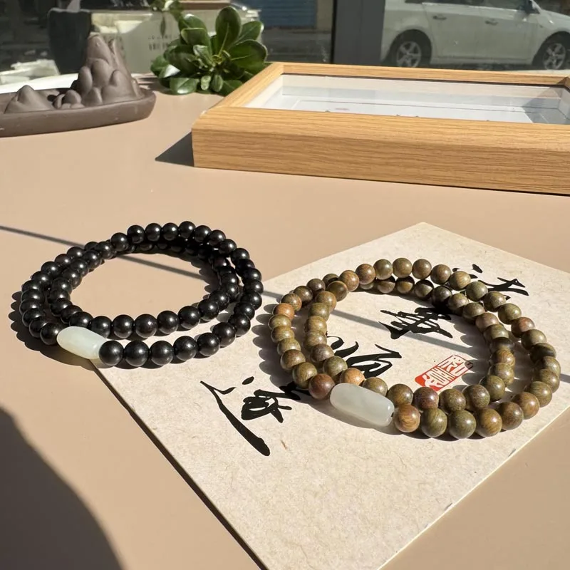 

Minimalist Rabbit Double Loop Green Sandalwood Bracelets: Unisex Ebony Wood Meditation Prayer Beads (Gift)