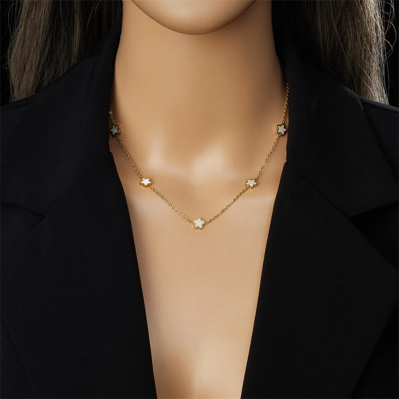 DIEYURO 316L Stainless Steel White Sea Shell Five Leaf Flower Necklace Bracelet Suit Womens 2024 New TrendNon-fadingjewelry Set