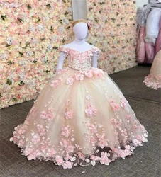 Customized Luxury Flower Girl Dresses For Wedding 3D Floral Appliques Elegant Princess Birthday Party First Communion Ball Gown