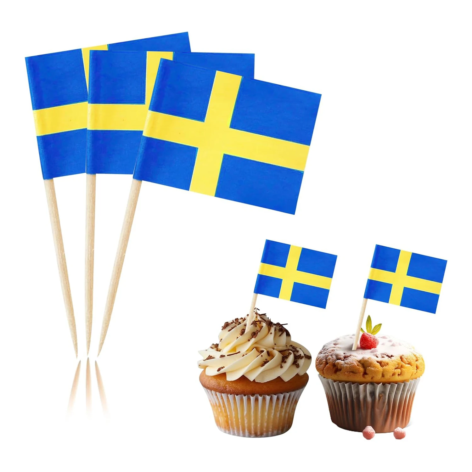 100 Pcs Sweden Flag Toothpick Cake Toppers Swedish Flag Cocktail Food Decorations Mini Stick Cupcake Toppers Picks for Party