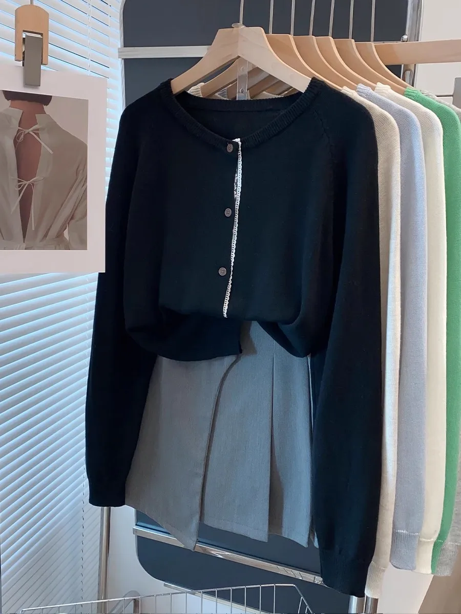 2025 couleur unie tricots hauts automne hiver à manches longues femmes Cardigans amples dentelle col rond tricoté pull femmes vêtements