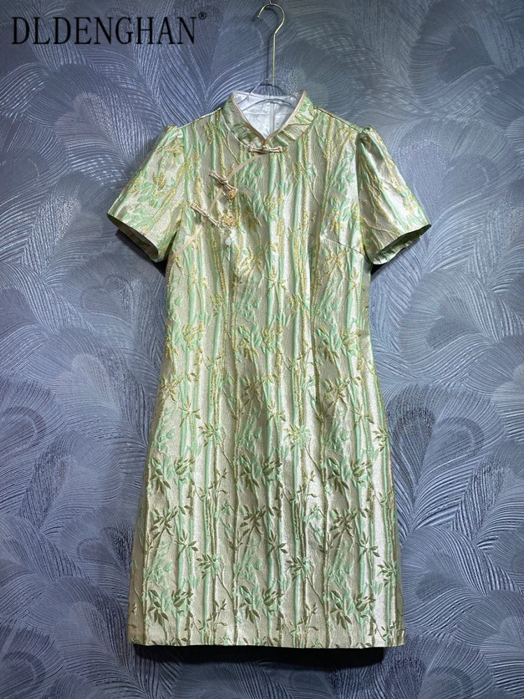 DLDENGHAN-vestido de festa jacquard vintage para mulheres, gola alta, manga curta, botão, estilo chinês, designer de moda, verão, novo