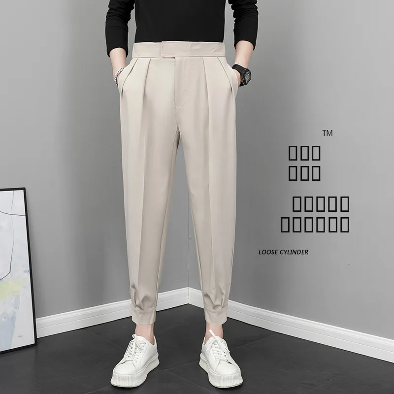 

Летние тонкие брюки-харлан из ледяного шелка, укороченные, повседневные, мужские, с эластичным поясом, из полиэфирного волокна, молодежные, модные, популярные, брендовые, в западном стиле