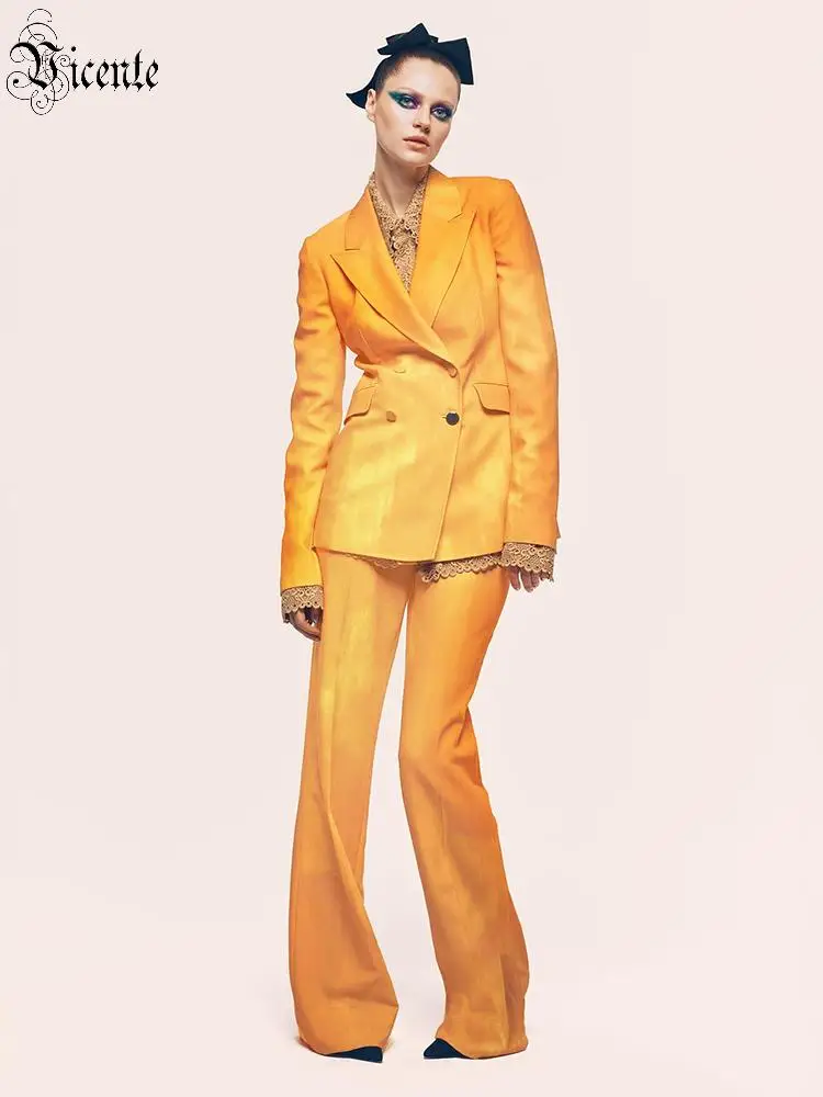 VC Women Orange Double Breasted Blazer Pants Set Elegant Party Evening Outfit Fashion Suit Long Sleeves Two Piece Sets for Women