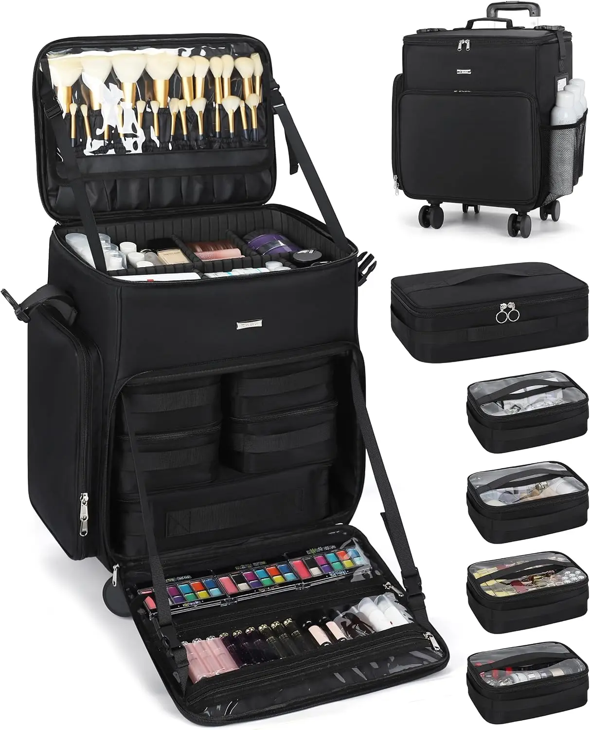 Rolling Makeup Case, Professional Cosmology Case on Wheels, Makeup Trolley with 5 Removable Pouches