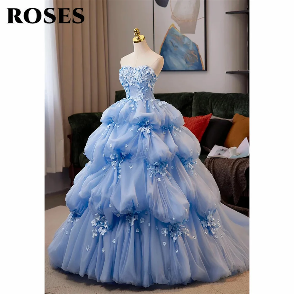 

ROSES Blue Princess Evening Gown Strapless Prom Dress 3D Floral Bubble Tulle Wedding Dress A Line robes de soirée Customized
