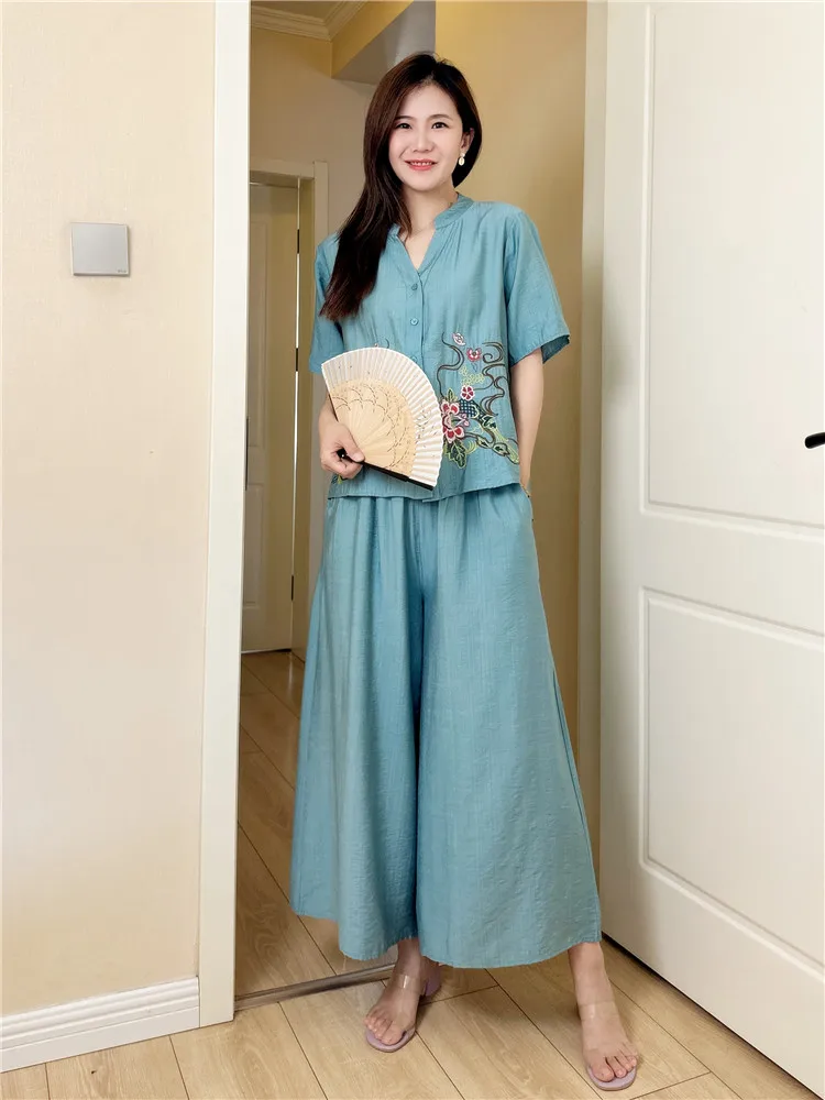 

Комплект из двух предметов: широкие брюки и топ в китайском стиле, большие размеры, женский, весна-лето 2025, новая модная коллекция, молодежный стиль, хлопок и лен