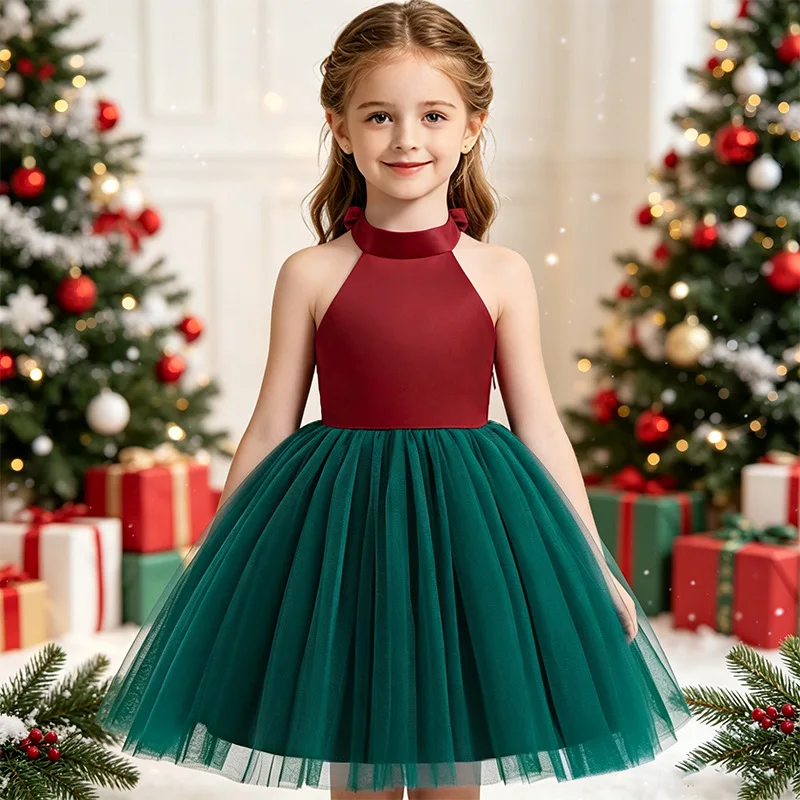 Elegant Girls Halter Neck Flower Girl Dress Satin Wine Red Top Dark Green Tulle Skirt Bow Back Kids Christmas Birthday Dress