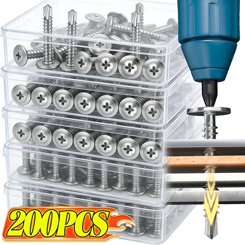 

200 саморезов из нержавеющей стали с круглой шайбой, плоской головкой и крестообразным шлицем Phillips, самонарезающие, для дерева и листового металла