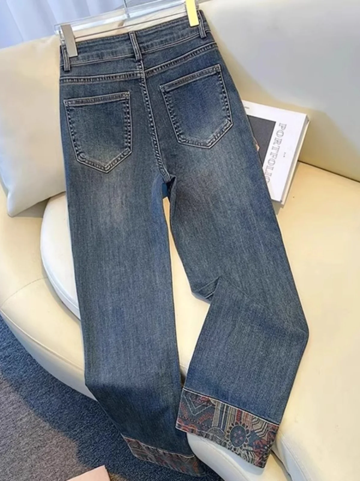 レディース スリムフィット ハイウエスト ストレートレッグ ジーンズ ハイストレッチ ナロー丈 春秋 ディープブルー ハイウエスト ジーンズ