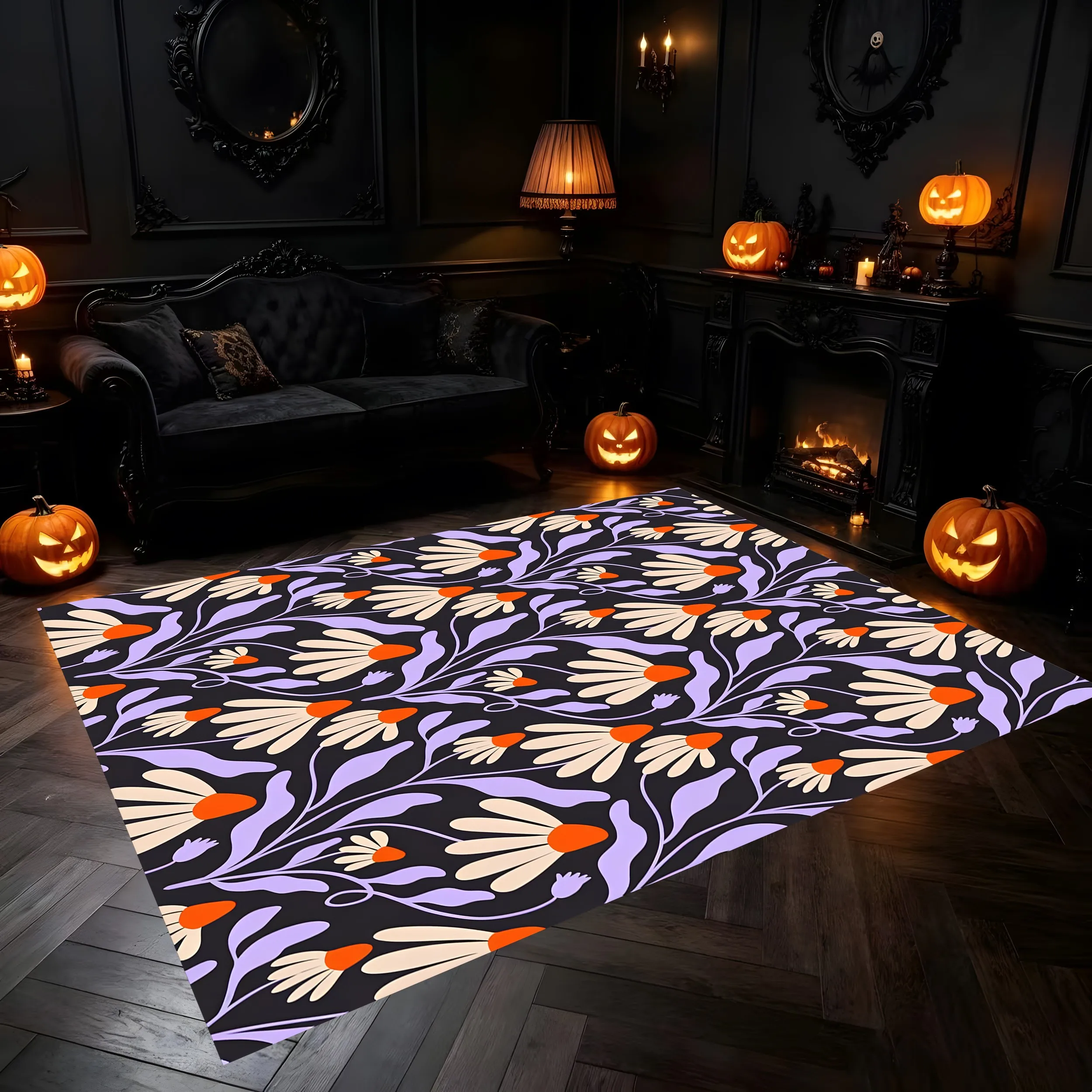 2D Large Carpet All over Purple Daisy Retro Art Style for Living Room Bedroom