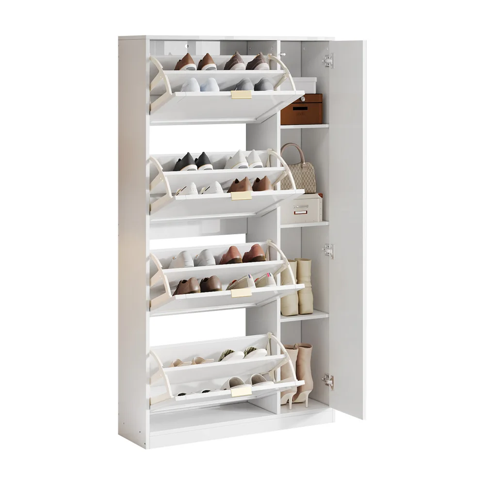 Moderner Schuhschrank mit Spiegel, 4 klappbare Aufbewahrungsfächer, verstellbares Regal hinter dem rechten Spiegel, ideal für den Flur – Detail 6
