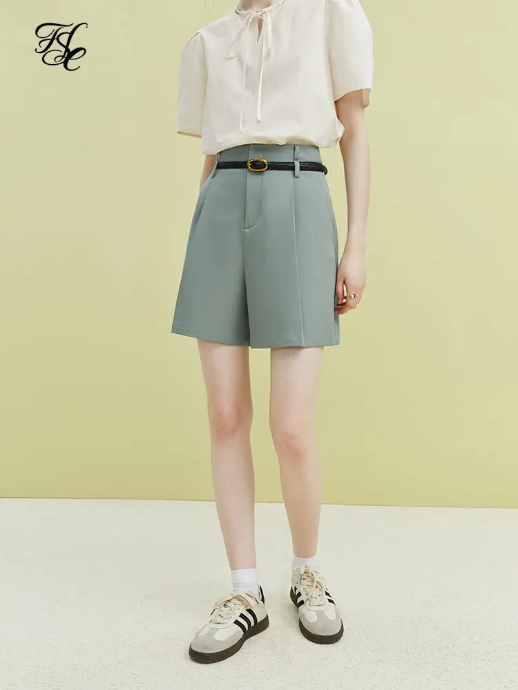 FSLE 【With Belt】Women High Wiast Suit Shorts 2023 Summer New Solid Twill Office Lady Pants Pleated Design Shorts For Women