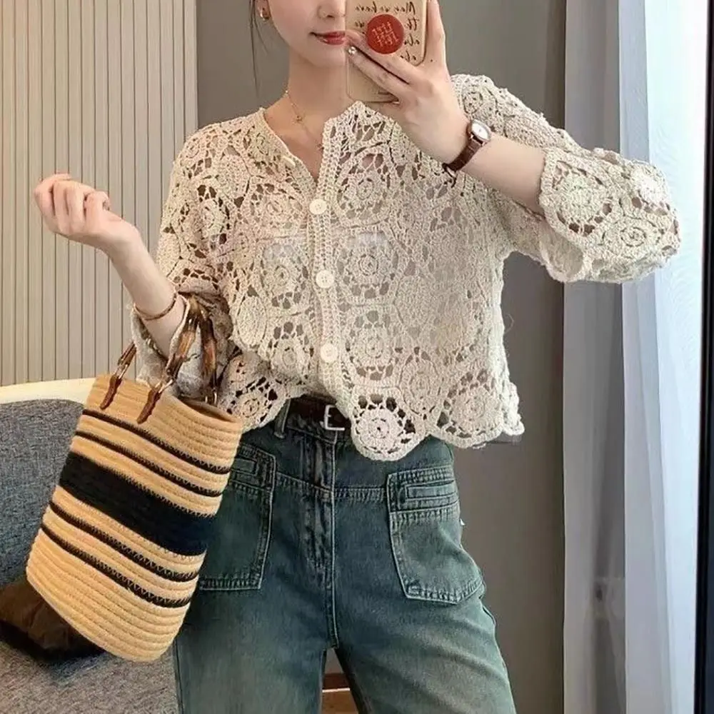 Fashion 3/4 Sleeves Knitted Shrug Hollow Boho Style Mesh Sweater Open Front Cardigan Summer
