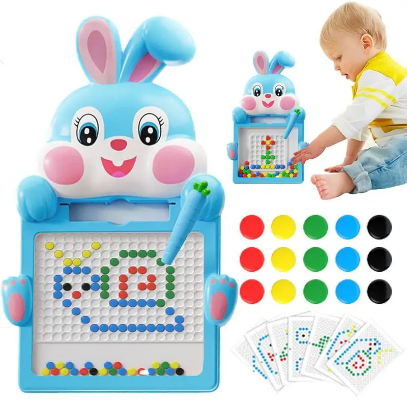 Tablero de dibujo magnético con forma de conejo para niños, tablero de puntos magnéticos con bolígrafo y cuentas magnéticas, juguetes Montessori, regalo para niños