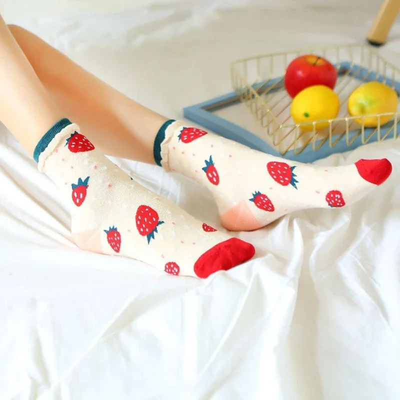 Summer Women's Socks Strawberry Orange Fruit Cotton Mid Length Double Ribbed Lace Girls' Socks Korean Edition Socks