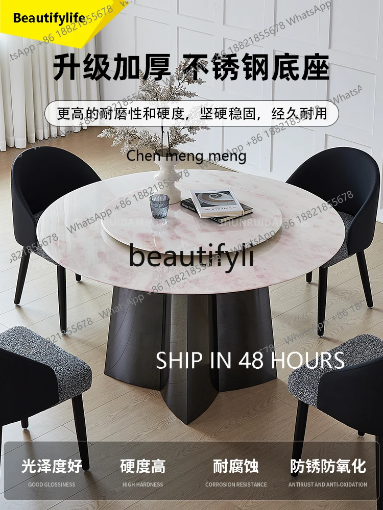 

2003 Imported Pink Diamond Luxury Stone Dining Table Rose Round Natural Marble Dining Table and Chair Set