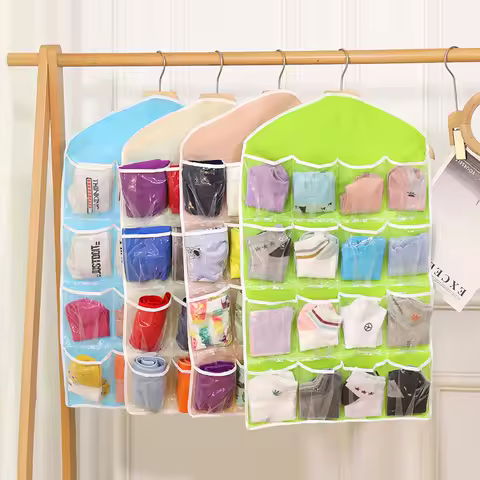 Hot 16 Grid Pockets Clear Hanging Bag Socks Bra Underwear Stationery Rack Hanger Storage Saving Space Tidy Organizer