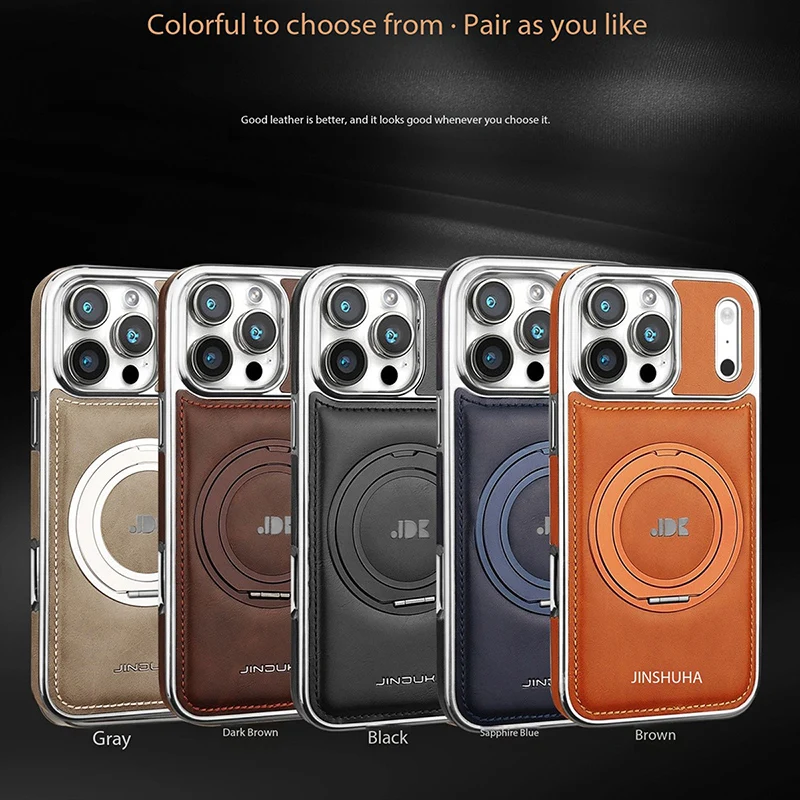 Luxury Magnetic 360 Rotating Kickstand Leather Phone Case For iPhone 17 Pro Max 16 Plus 15 14 13 Ring Holder for Magsafe Cover - view 6