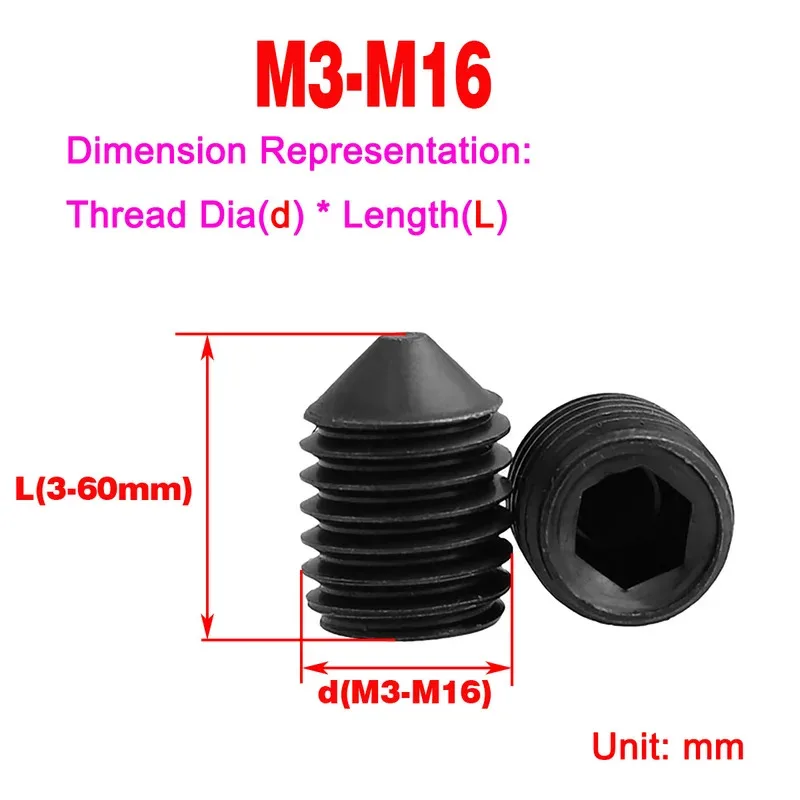 Grade 12.9 Hardened Headless Hex Socket screw Pointed Set For Machinery M3 M4 M5 M6 M8 M10