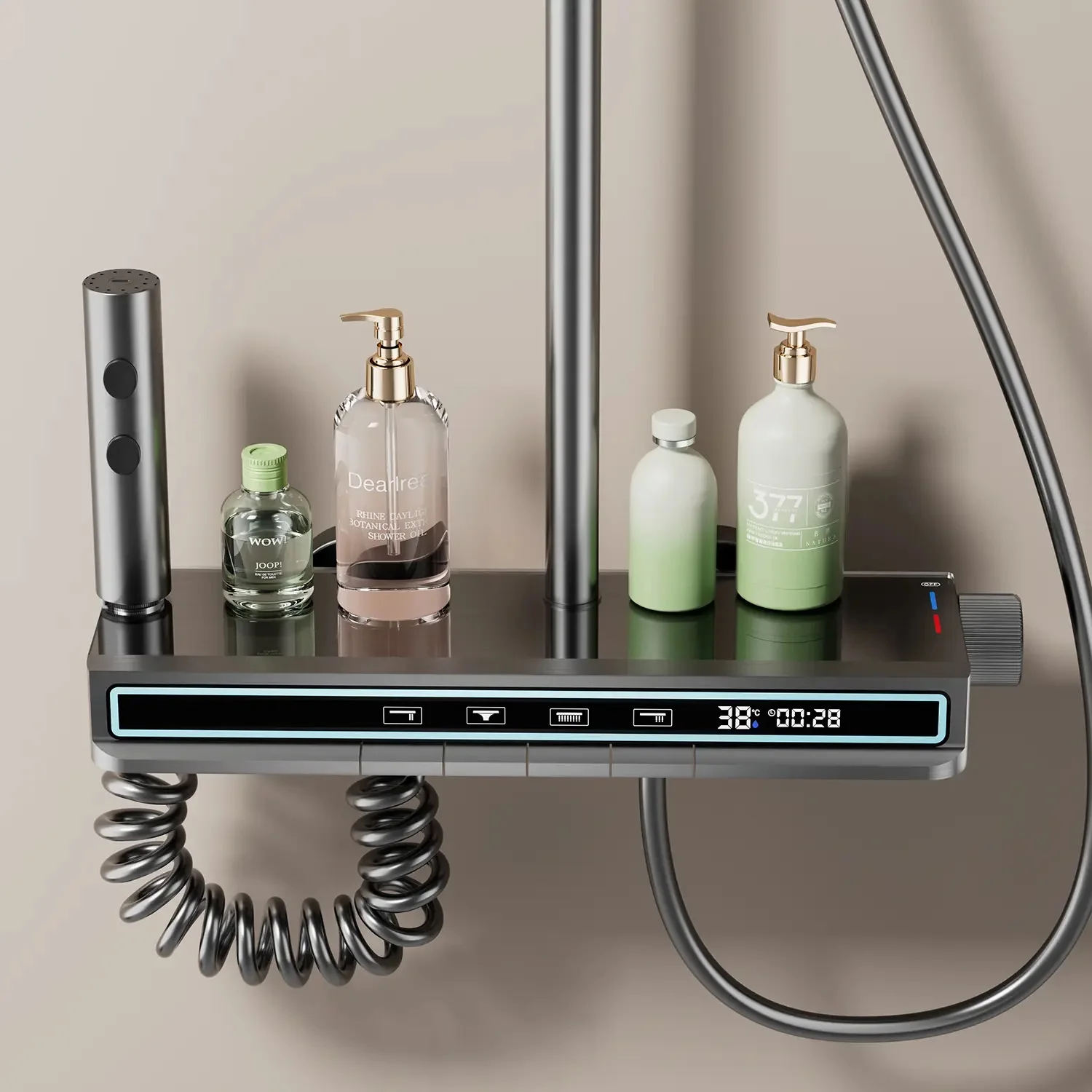 타이머, 핸드헬드 및 다중 모드 기능을 갖춘 세련된 디지털 온도 조절식 레인폴 샤워기 – 스마트 고압 욕실 키트