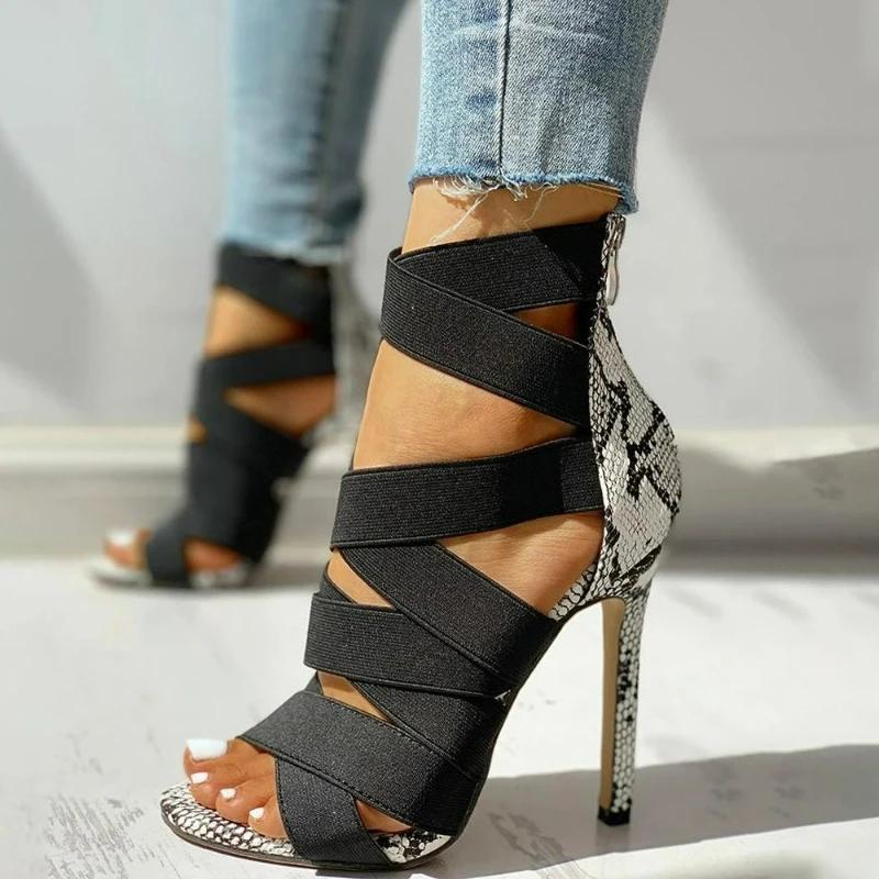 Damen Pumps mit Schlangenmuster, Hohe Absätze, Elastisches Band, Sexy Partyschuhe, Spitze Zehen, Abendschuhe, Dünne Absätze, Reißverschluss, Damen-Sandalen