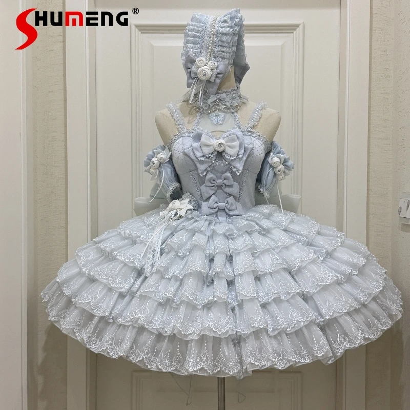 

Blue Lolita Sling Dress JSK Women's Slim Fit Sweet Bow Lace Princess Dresses Japanese Birthday Party Elegant Dresses Vestidos