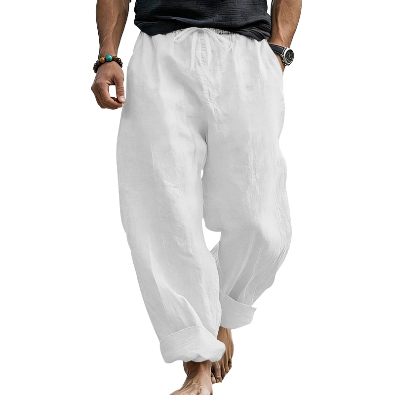 Sommerliche Herren-Leinenhose, Lässige Hawaiian-Hose mit Elastischem Kordelzug, Atmungsaktive Gerade Lange Hose mit Taschen für Alltag und Zuhause – Detail 3